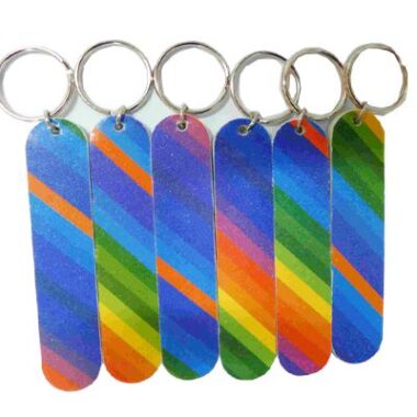 RAINBOW COLOURED KEY RINGS AND EMERY BOARD 6PIECES