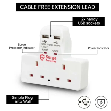 2 Way/Gang Cable-Free Socket Adaptor with 2x USB Charge Surge Protected